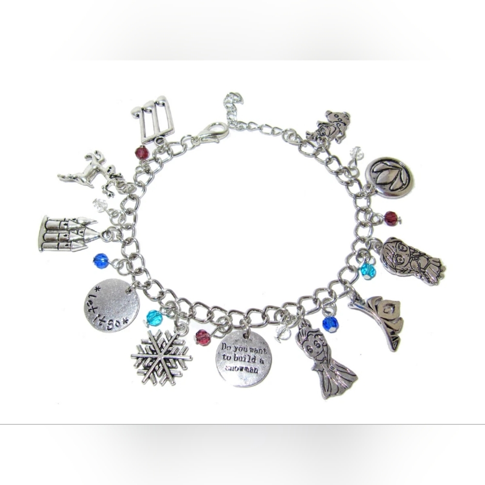 FROZEN FANDOM CHARM BRACELET ELSA ANNA SNOWFLAKE OLAF CASTLE SNOWFLAKE SNOWMAN